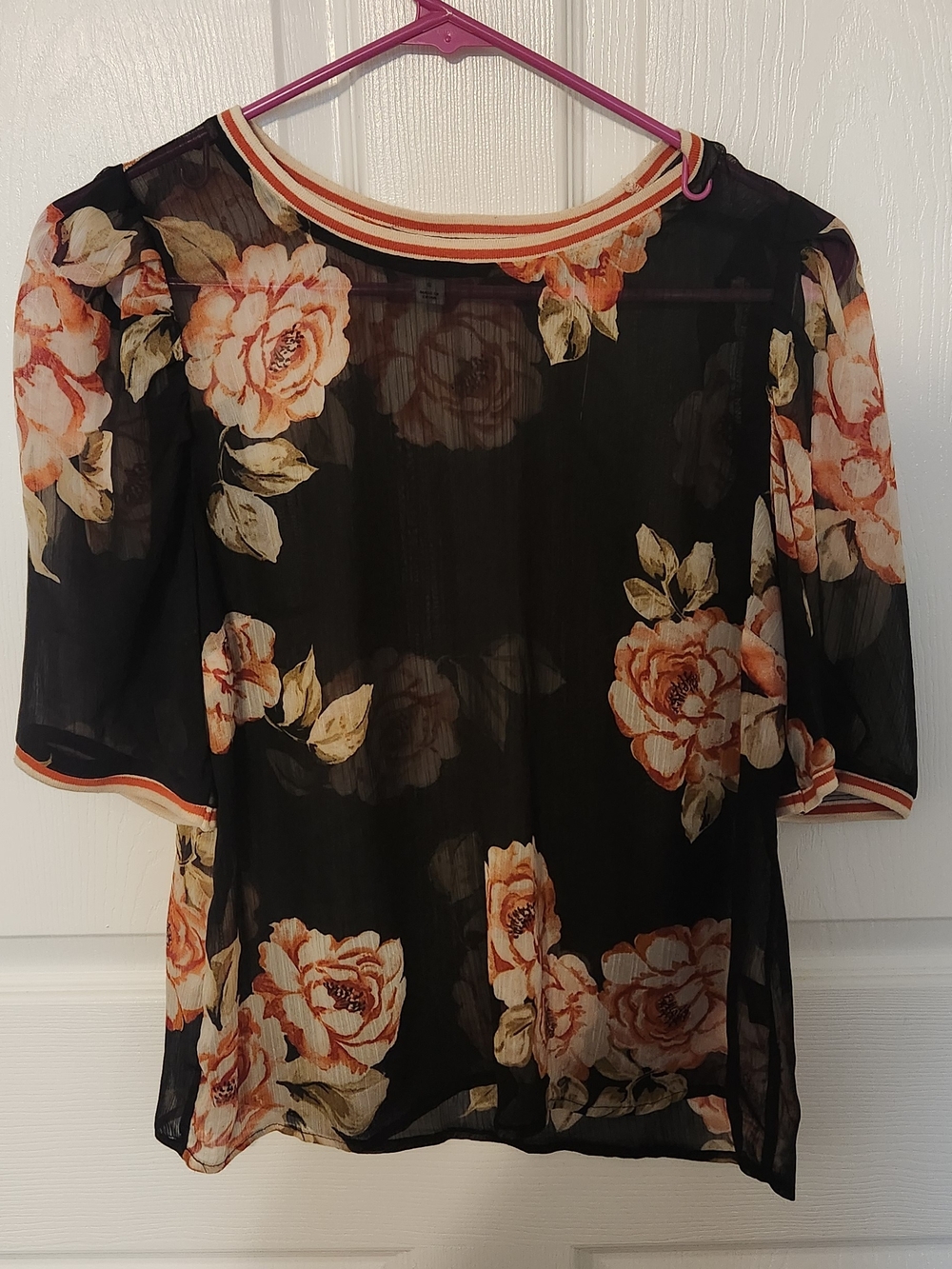 Floral Sheer Short-Sleeve Top in Black and Peach